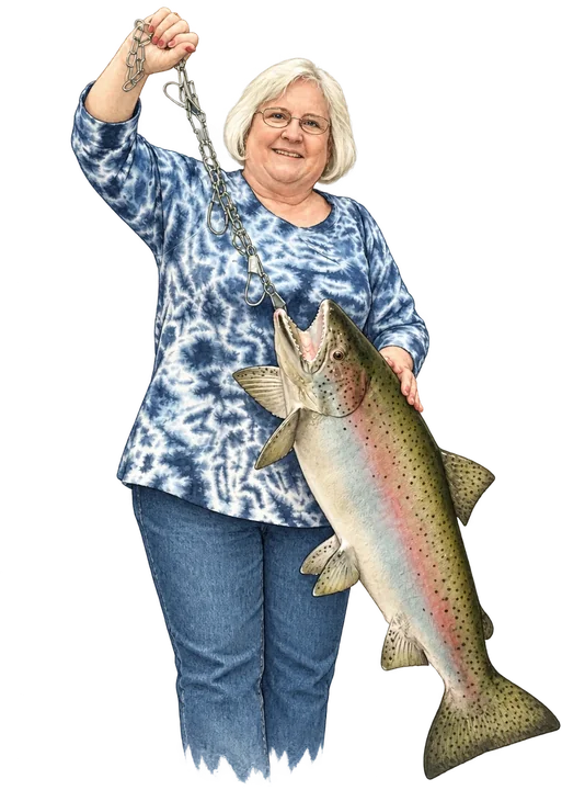 Marsha proudly holding up a big rainbow trout